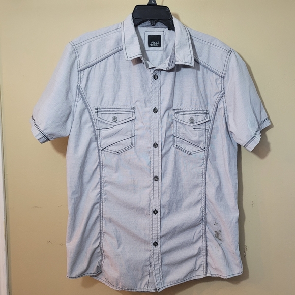 VARIOUS ATISTS,MENS LIGHT GREY DISTRESSED button-down short sleeve shirt XL - Picture 1 of 8